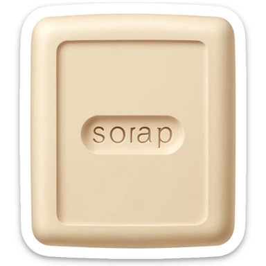 pale beige off-white rectangular soap bar with rounded edges, matte chalky finish, dense and firm, subtle top ridges or embossed mark, no packaging, no bubbles, soft lighting, subtle shadows, emoji scale sticker
