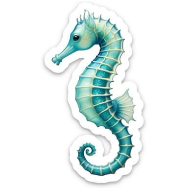 Beautiful and Majestic Sea Horse Portrait Emoji, Head and body rendered in serene repose with a gentle, content smile, showcasing a slender, elegantly curved seahorse with a softly coiled tail and eyes gently closed in peaceful slumber, Simplified yet exquisitely endearing features, highly detailed, glowing with a soft, drowsy aquatic light, high shine, relaxed and utterly enchanting, stylized with an air of majestic marine beauty, soft glowing outline, capturing the essence of a beautiful and majestic seahorse that embodies the enchanting spirit of the ocean! sticker