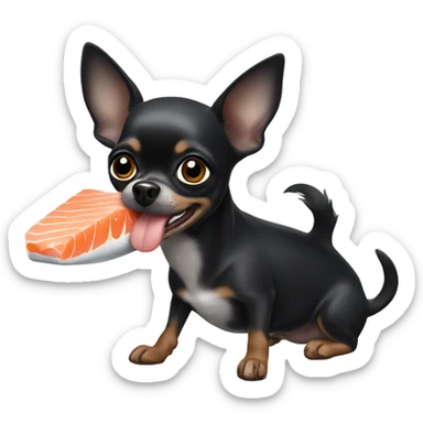 Black chihuahua with salmon in mouth sticker