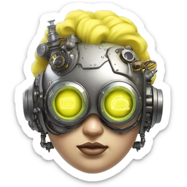 Fat Caucasian female cyborg head with Neon yellow bobbed hair, silver steampunk goggles and circuits sticker