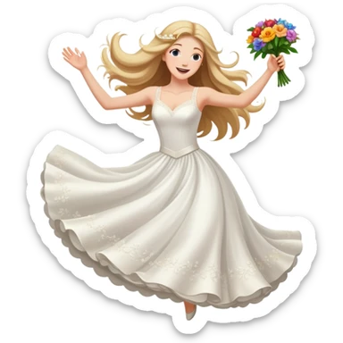 White woman - long hair - white wedding dress - happy - jumping - fashion - elegant - flowers - dreamy - colorful sticker