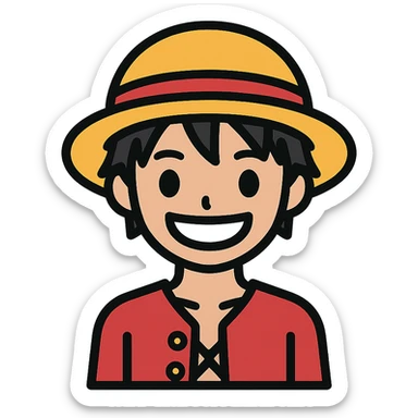 Luffy from One Piece as a color icon, flat colors, outlined, signature straw hat, red vest, cheerful face sticker