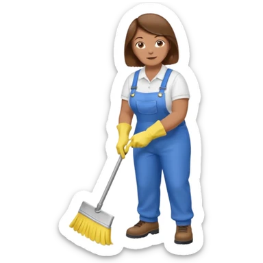 old and fat women, brown hair, Custodian with yellow rubber gloves, white T-shirt, blue overalls, mopping floor sticker