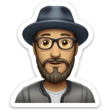 man with beard and eye glasses and hat sticker