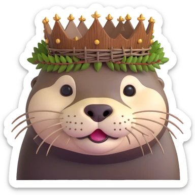 really cute confused otter face portrait with simple wooden thorny stem wrapped horizontally around its forehead like Jesus Crown of thorns, no metal, natural wood thorns, portrait painting style sticker