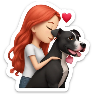 Girl with red hair kissing big black pitbull dog, pink hearts sticker