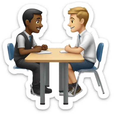 European students sitting at desks. They are talking to each other sticker