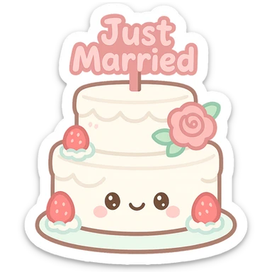 white wedding cake with strawberries, pink roses, Just Married topper, kawaii style sticker