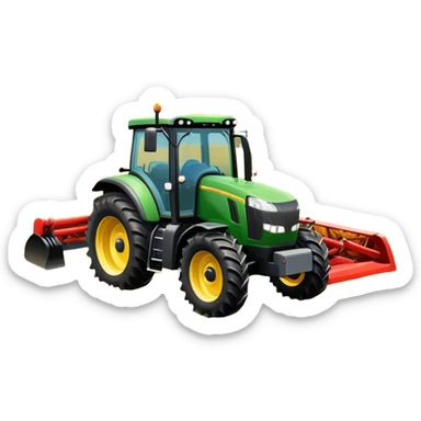 An icon representing a Farming Simulator 22, with a detailed tractor, plowing fields under a bright sky with a colorful rural landscape. The design includes farming tools, crops and barns, symbolizing the immersive experience of managing a farm. Transparent background. sticker