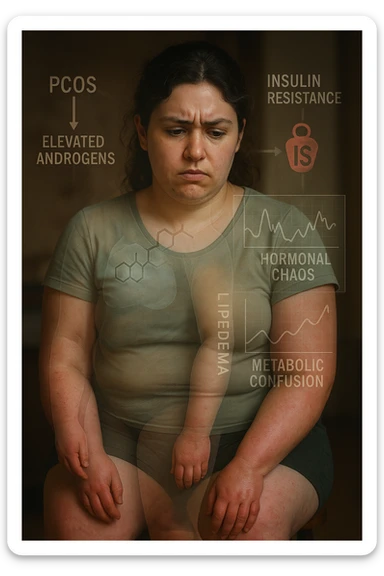 cinematic realistic in italiano Woman with PCOS struggling with hormonal chaos, transparent overlay showing elevated androgens and insulin resistance affecting her body, lipedema causing disproportionate fat accumulation in legs and arms despite normal torso, expression of frustration with unexplained weight gain, medical charts showing complex endocrine dysfunction, painful swollen limbs contrasting with metabolic confusion sticker