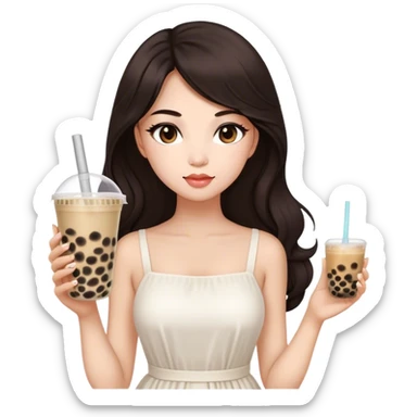 Beautiful woman in 1965’s woman fashion look, white dress, long dark brown hair, bubble tea sticker