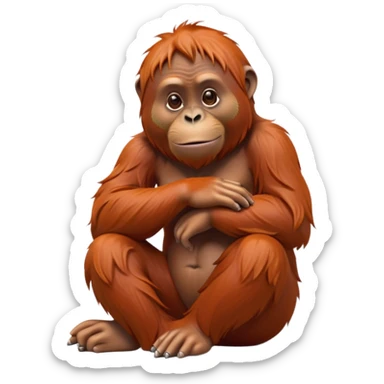 cinematic-orangutan-realistic-full-body-sitting-emoji,-massive-frame-relaxed-with-arms-folded-thoughtfully,-thick-orange-fur-flowing-in-the-breeze,-head-tilted-dramatically,-deep-dark-eyes-filled-with-ancient-wisdom,-simplified-yet-realistic-focused-features,-highly-detailed,-glowing-with-an-almost-sarcastic-glow sticker