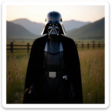 A portrait of a Darth vader in the foreground, blurred plants in the foreground (close to the camera), a wooden fence in the midground, rolling hills in the background, cinematic depth of field, layered composition, natural lighting sticker