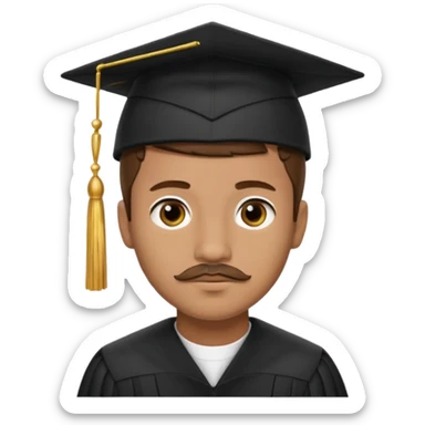 A young man with short brown hair, light brown skin, and a small mustache, wearing a black graduation cap with a gold tassel. sticker
