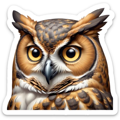 Cinematic Noble Great Horned Owl Portrait Emoji, Poised and regal, with a commanding, broad build and a richly mottled plumage of grays, whites, and subtle browns, deep-set soulful golden eyes, Simplified yet sharp and sophisticated features, highly detailed, glowing with a soft, dignified glow, high shine, intelligent and enigmatic, stylized with an air of nocturnal majesty, focused and attentive, soft glowing outline, capturing the essence of a watchful and confident raptor, so majestic it feels as though it could silently swoop out of the screen with effortless authority! sticker