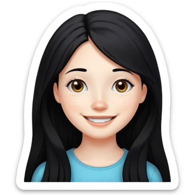 Quiero un emoji que arriba de él diga hi que sea una niña blanca pelo negro largo y que tenga pecas en su carita sticker