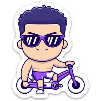 shirtless male athlete with white skin and moderately curly black hair on top with shaved sides, wearing purple bike sunglasses with black tinted lenses sticker