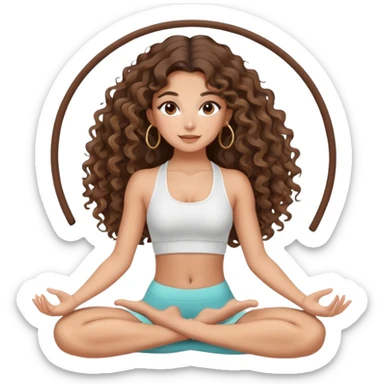 cute balayage brunette long hair curly/wavy haired girl, hoop earrings, clean girl makeup DOING a YOGA pose sticker