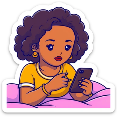 Brown-skinned teenage girl with curly black hair lying on bed looking at smartphone, heavy makeup, big lips, crop top, gold jewelry, choni style outfit sticker
