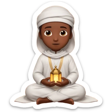 Personnage 3D mignon en style Pixar, un petit garçon portant un qamis blanc et un kufi, tenant un tapis de prière, entouré de lanternes brillantes, fond doux, couleurs chaudes, garçon teint noir sticker