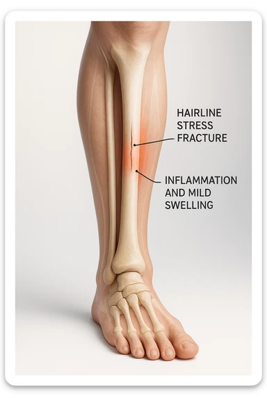 3D realistic medical illustration: a close-up of a human lower leg (tibia), showing the bone with a visible hairline stress fracture. The surrounding soft tissue is semi-transparent, highlighting mild swelling and inflammation. Educational labels point to the fracture site. The background is clean and clinical, with a subtle gradient. sticker