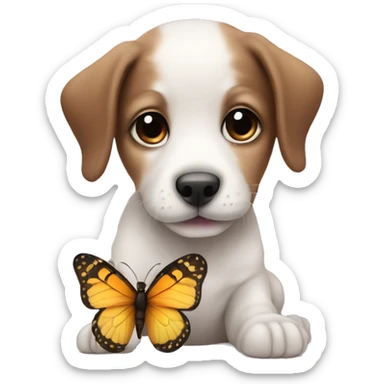 a baby dog with a butterfly sitting on his nose sticker