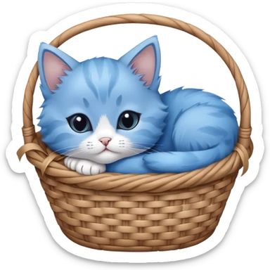 A blue kitten lying in a basket, with no details. Minimalist design, focusing on the kitten's simple and cute form in the basket. sticker