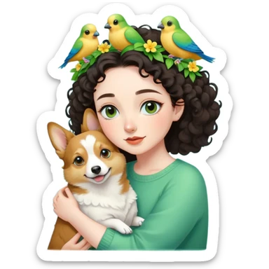 Dark short curly hair with pale skin and thin eyebrows girl hugging a welsh corgi. And a green-reddish lovebird on her head with yellow, blue love birds around her. sticker