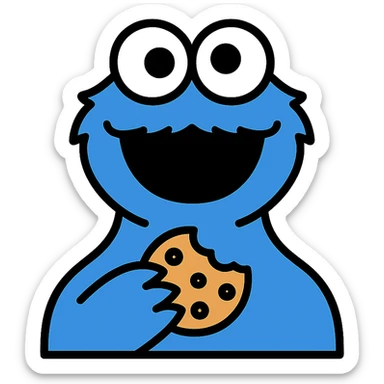 cookie monster, vibrant blue fur, big googly eyes, holding a cookie, playful expression, simple background sticker