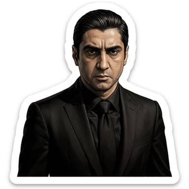Polat Alemdar, Turkish mafia look, black suit, stern face, slicked-back hair, dramatic lighting, cinematic style, detailed modern illustration sticker