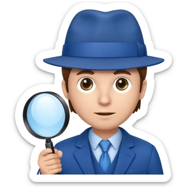 detective in blue suit and blue hat brown hair white skin with big mangifier in his hand looking trough the magifier sticker