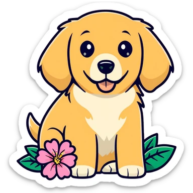 Golden retriever with a pink hibiscus flower in ithair sticker