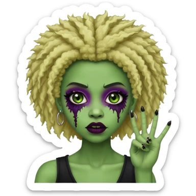 girl, green zombie,blonde afro, medium long, shaggy, dark, spooky,double eyebrow dermal piercing, two fingers up sticker
