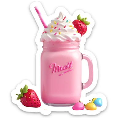 3D style strawberry milkshake with pink hue and cherry on top, mason jar, whipped cream, rainbow sprinkles sticker