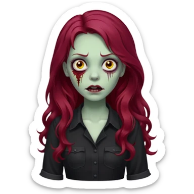 Faça me um emoji de um zumbi mulher de cabelos vermelho borgonha longos ondulado usando uma blusa preta sticker