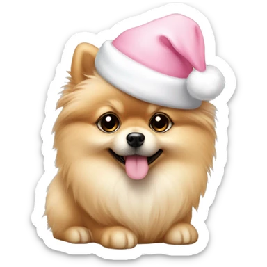 Beige Pomeranian puppy with light pink santa hat sticker