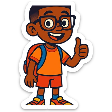 10 year old boy, brown skin, wearing glasses, short hair, vibrant cartoon style sticker