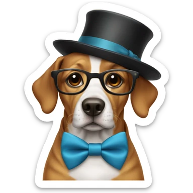 Dog wearing a bow tie and a tall hat with glasses sticker