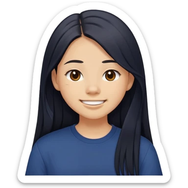 a young teenage girl with light tan skin, she is smiling with mouth closed, very long black (really) straight hair, brown eyes, navy colored oversized short-sleeved shirt.  sticker