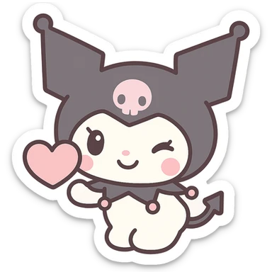 Kuromi character winking and presenting a heart, kawaii style sticker