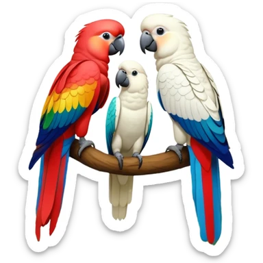 Close-up collage of vibrant Ara parrots and Inca cockatoos sitting on tree branches, surrounded by lush greenery. Bright colors of the birds stand out against a natural, sunny background of trees and flowers. Transparent background. sticker