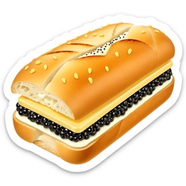 Apple style 3D emoji of a luxurious black caviar sandwich. A thick slice of fresh white baguette with a generous layer of creamy yellow butter, topped with a mountain of glistening, shiny black sturgeon caviar. premium aesthetic. sticker