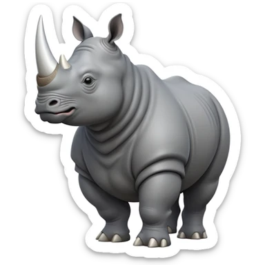cinematic-rhino-full-body-standing-emoji,white horn, slate grey skin -massive-body-poised-powerfully,-thick-horn-curving-slightly-forward,-head-tilted-dramatically,-rough-grey-hide-covered-in-dust,-simplified-focused-features, sticker