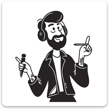 pop rock musician with well-groomed stylish beard, arm tattoos, headphones on ears, smiling confidently, holding microphone in one hand and pencil in other hand sticker