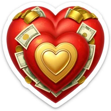 "Realistic HD red heart fused with cash and gold elements, heart seamlessly blended with money textures and molten gold details, dramatic warm glow, luxurious but clean, white background." sticker
