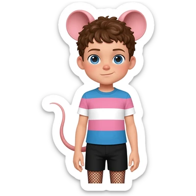 a white twink boy with blue eyes, short curly brown hairs and rat ears, he has a rat tail. he is dressed in a short shade of the color trans flag and short black shorts with mesh stockings sticker