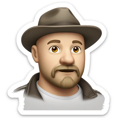 Photorealism A plump bald man of Slavic appearance with a goatee beard and mustache, wearing a fedora hat, big details sticker
