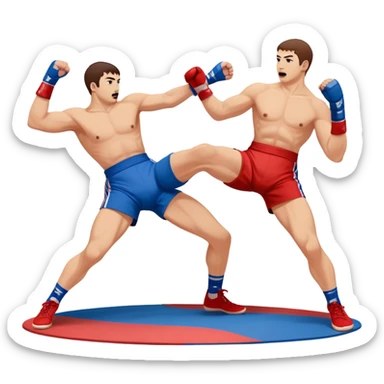 Two Sambo fighters in blue and red gis with shorts and wrestling shoes, executing gripping and throwing techniques. The fighters are engaged in a dynamic, action-packed moment with no strikes. The background features a wrestling mat, focusing on the technique and control. Transparent background  sticker