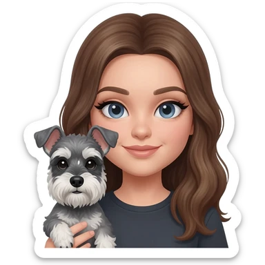 White girl with long, medium brown color hair dark blue grey eye with heavy eyeliner holding a grey miniature schnauzer sticker