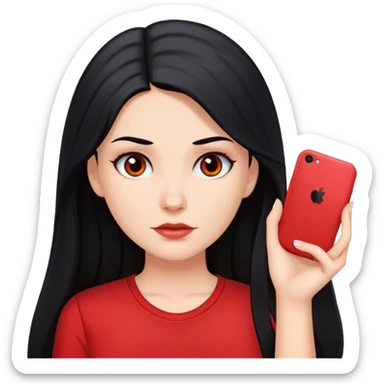 a white girl with long black hair and black eyes wearing a red shirt sticker